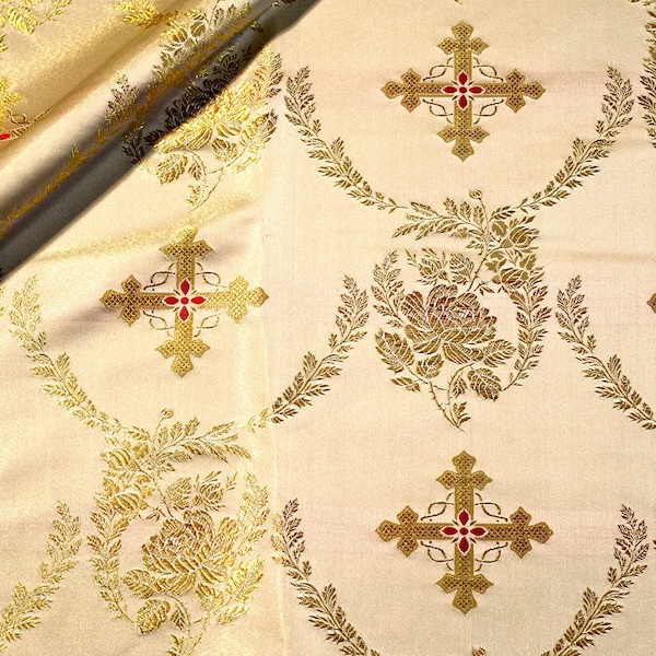 Metallic Brocade with roses pattern for altar coverings, clergy clothing, home alar cloth, Remnant, White gold flowers liturgical brocade