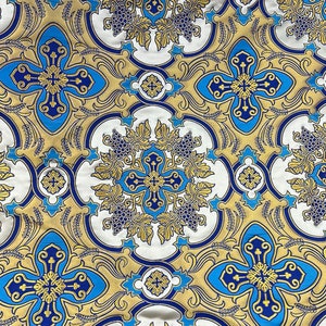 May include: A repeating pattern of blue and gold crosses with grapevines and wheat stalks on a white background.