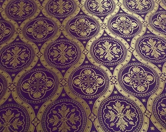 Purple gold liturgical brocade, floral print fabrics, green gold liturgical brocade, vestments brocade, brocade by the half-meter