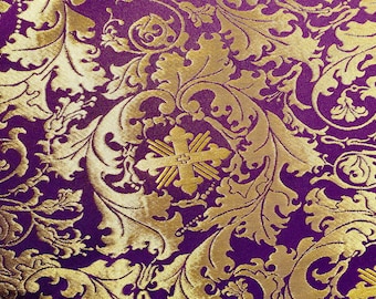 Leaf Cross Brocade for Clergy Apparel, Vestment Fabrics, Altar Clothing Fabric, Church Fabric for Bishop Vestments