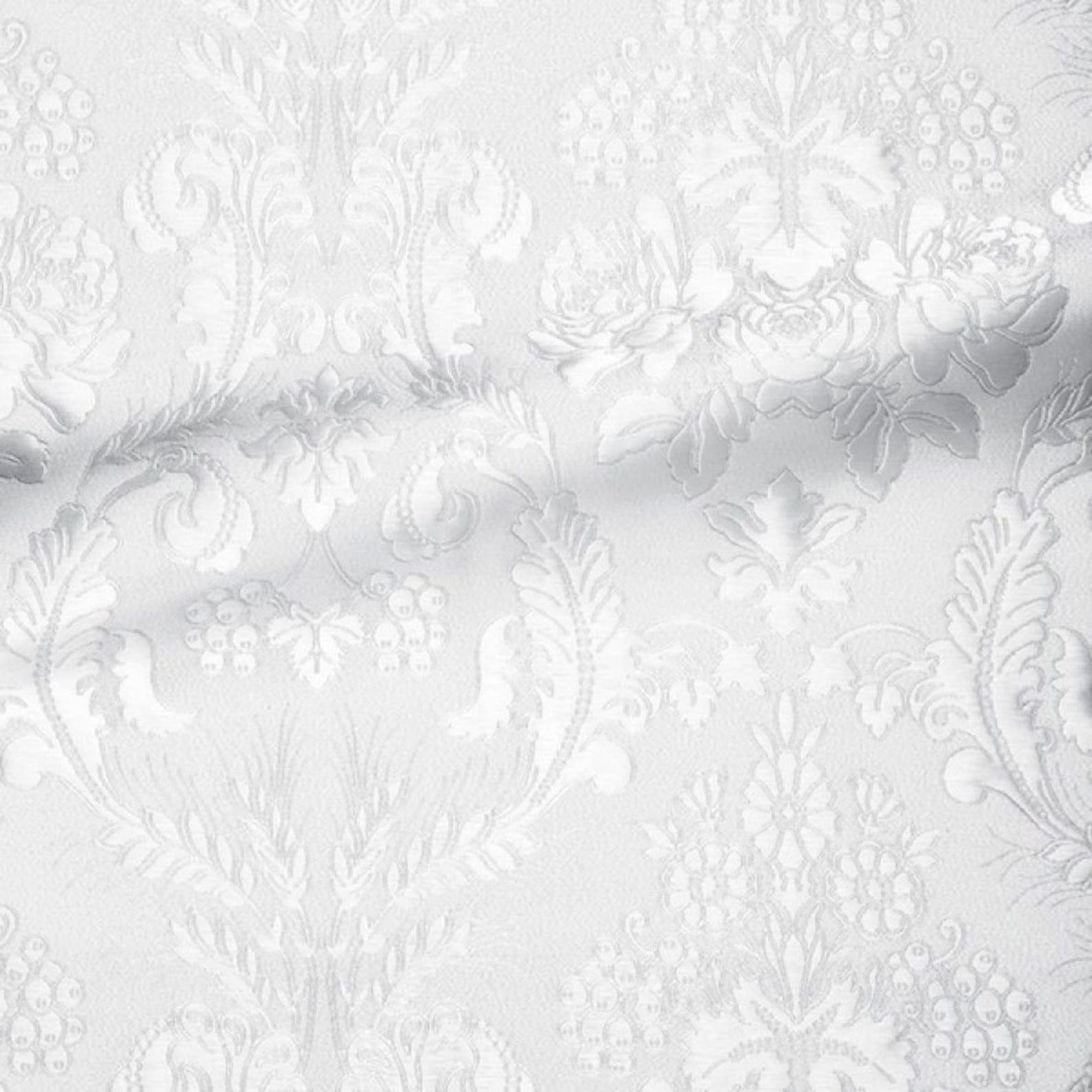 White and Silver Metallic Brocade, Floral Printed Brocade Fabric