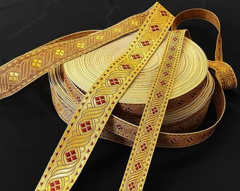 Galloon Burgundy Gold Trim, Jacquard Ribbon Trim, Vestments Trims Galloon, Gold Galloon, Vestments Trimmings, Ready To Ship