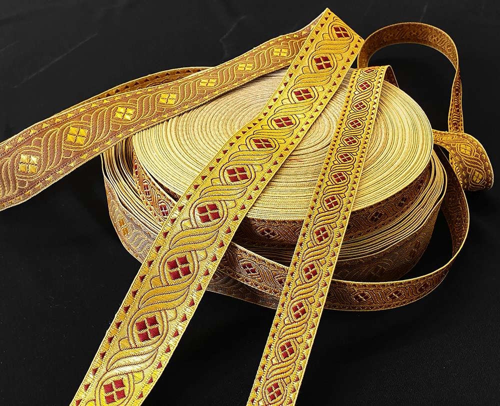 Galloon Burgundy Gold Trim, Jacquard Ribbon Trim, Vestments Trims Galloon, Gold Galloon, Vestments Trimmings, Ready To Ship