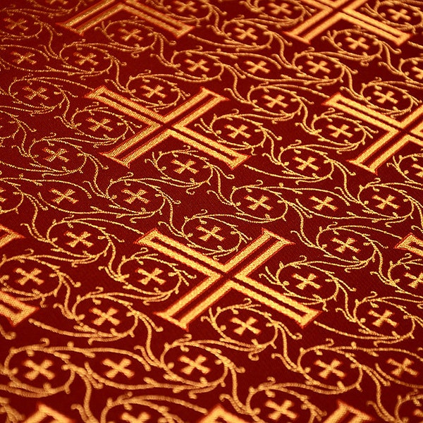 Byzantine Cross Brocade for Garments, Gold White, Blue, Red, Kelly Green Fabric 63", Church Fabric for Deacon Vestments