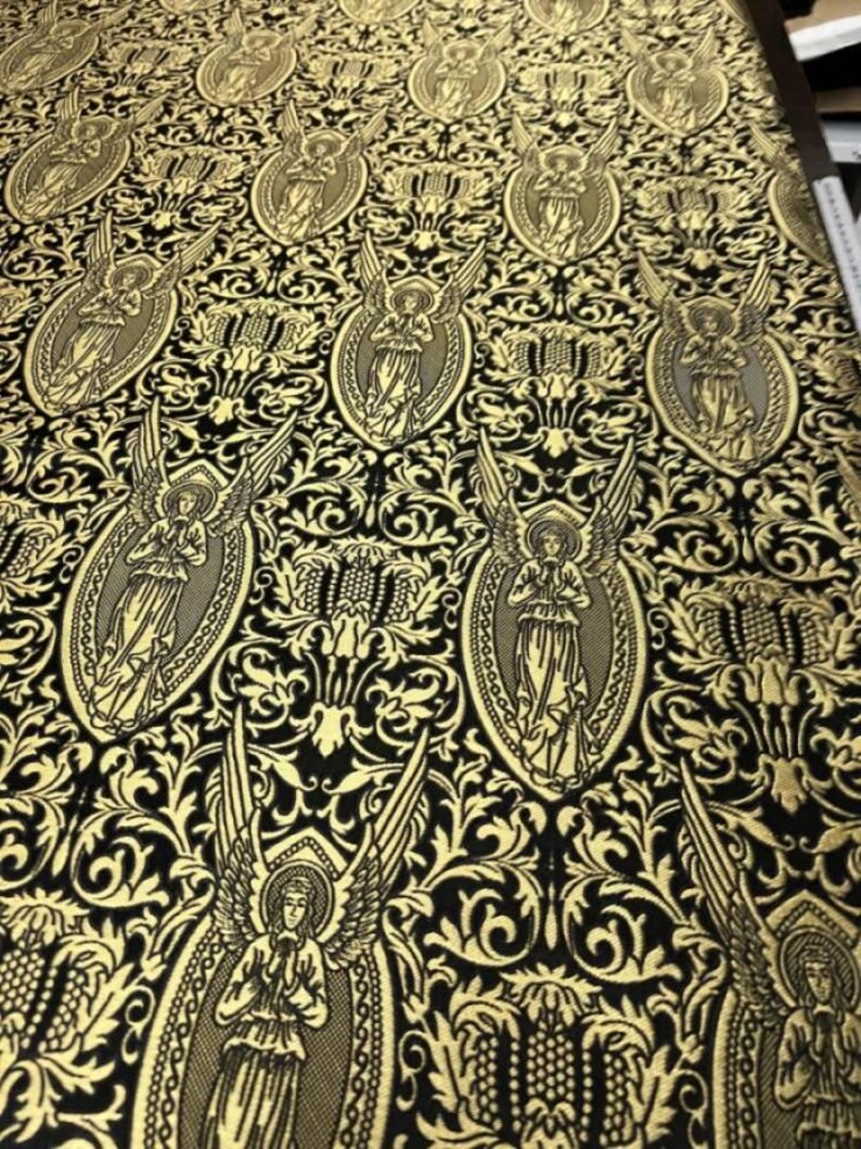 Angels Print Nonmetallic Brocade Fabric, Easter Pattern Liturgical Fabric, Symbol Vestments Brocade, Black Altar cloth image 3