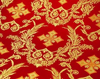 Liturgical Brocade with Ear Cross Pattern, Red Vestment Fabric, Purple Liturgical Fabric, Church Fabric, Vestments Fabric Extra Wide 65 in