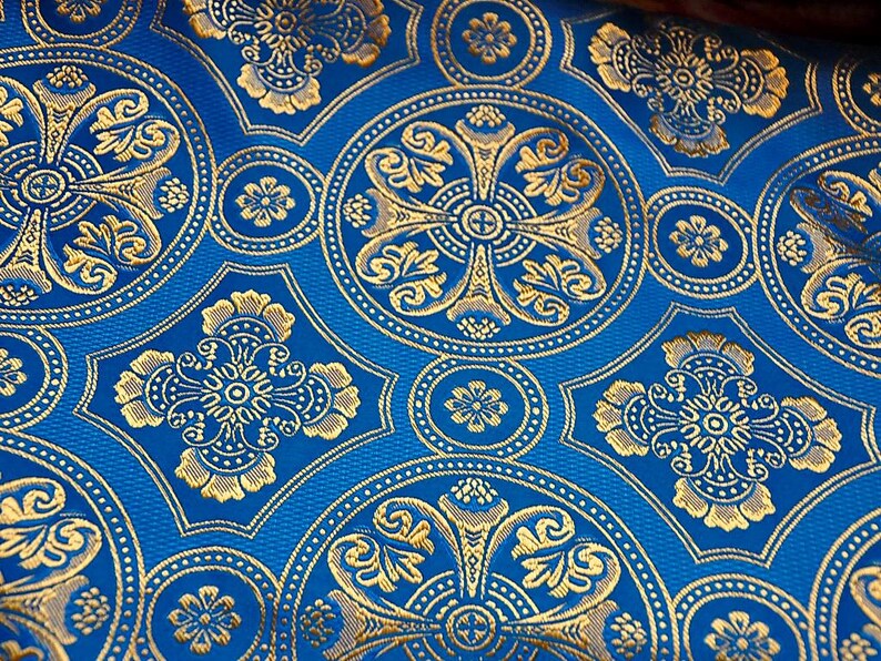 Tela con estampado bizantino, tela litúrgica de todos los colores, tela para vestimentas, tela litúrgica, brocado azul dorado, brocado rojo dorado, brocado blanco dorado imagen 7