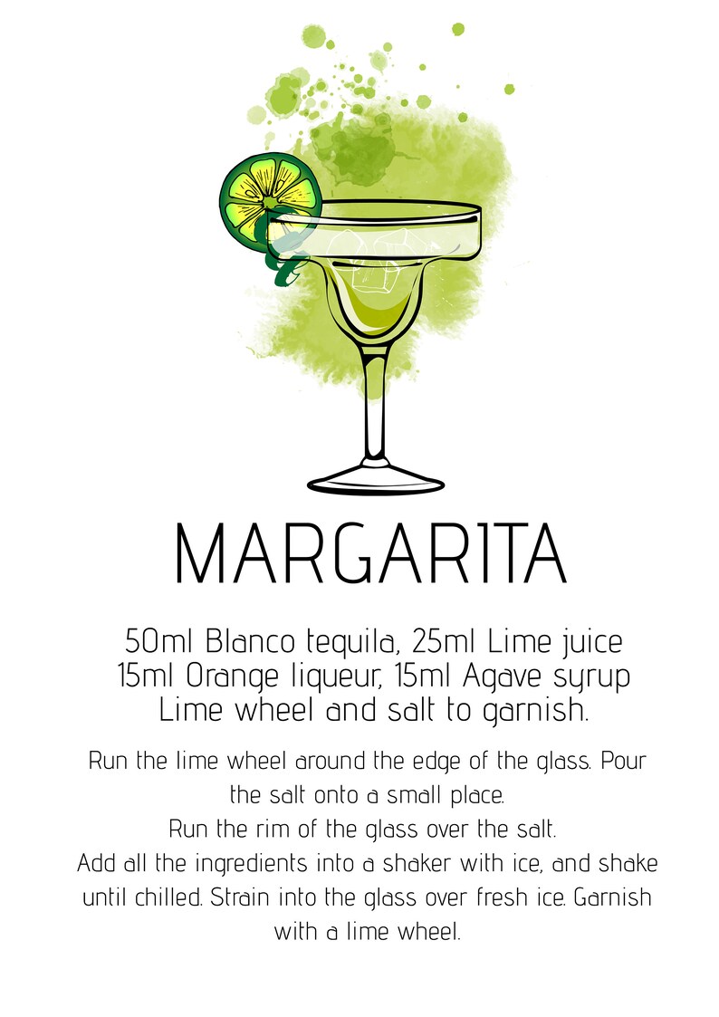 Margarita Recipe Watercolor Digital Art Print. Printable Wall | Etsy