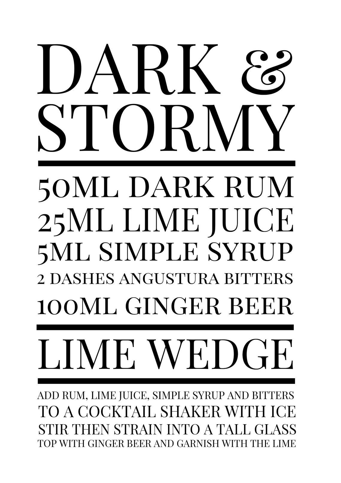Dark &amp; Stormy Cocktail Recipe Print. Wall Art Prints. Kitchen | Etsy