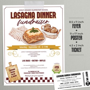 Lasagne Fundraiser Bundle Bearbeitbare VORLAGEN | Flyer, 11x17 Poster, 4,5x2 Ticket | PTA PTO Charity Spendenaktion | Noch heute bearbeiten, herunterladen und drucken