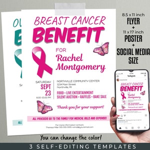 Cancer Benefit Self-Editing TEMPLATES | 8.5x11 Flyer, 11x17 Poster, Social Media Size | Fundraiser Bundle | Change the Benefit and Color!
