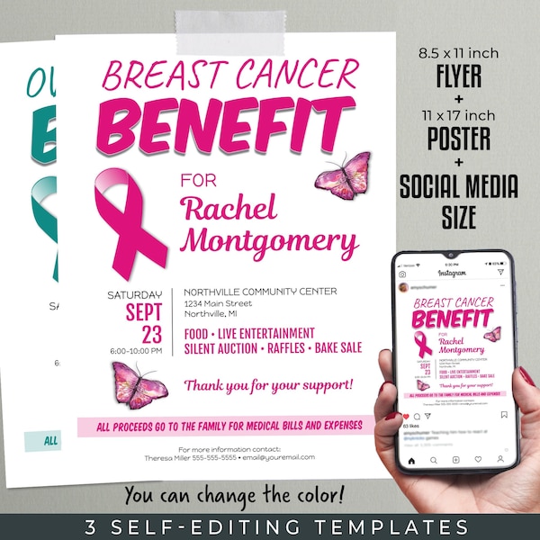 Krebs Nutzen Selbstbearbeitung VORLAGEN | 8.5x11 Flyer, 11x17 Poster, Social Media Größe | Spendenpaket | Ändern Sie den Nutzen und die Farbe!