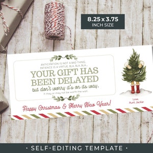 Plantilla editable de vale de regalo / Su regalo se ha retrasado / Retraso divertido en el regalo / Árbol de Navidad / ¡Edite + Descargue + Imprima usted mismo... hoy!