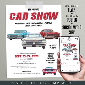 Car Show Editable TEMPLATES | 8.5x11 Flyer, 11x17 Poster, Social Media Size | DIY Muscle Car Show Bundle | Edit, Download & Print...Today!!