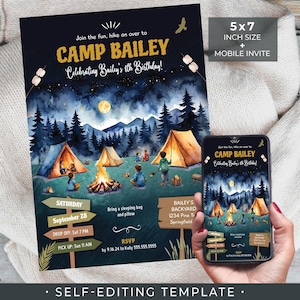 Könnte beinhalten: Eine druckbare Einladung im Format 12,7 x 17,8 cm für eine Geburtstagsparty zum Thema Camping. Die Einladung zeigt eine Aquarell-Illustration eines Nachthimmels mit Vollmond, Bergen, Bäumen und einem Lagerfeuer mit Zelten und Kindern drumherum. Der Text auf der Einladung lautet "Join the fun, hike on over to CAMP BAILEY Celebrating Bailey's 8th Birthday!" und enthält Details zur Party, wie Datum, Uhrzeit und Ort. Die Einladung bietet auch eine Option für eine mobile Einladung.
