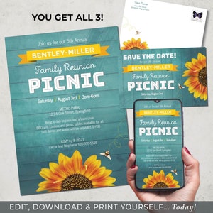 Family Reunion Invite TEMPLATES | Sunflower Picnic Editable Invite, Save the Date, Text/Email File | Edit, Download & Print...Today!!!