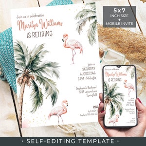 Op de afbeelding: Een afdrukbare uitnodigingstemplate voor een tropisch afscheidsfeest in de maat 5x7 inch. De uitnodiging heeft roze flamingo's, palmbomen en gouden glitter. De tekst op de uitnodiging luidt "Join us in celebration Marilyn Williams is retiring".