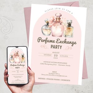Parfüm-Wechsel-Party einladen Selbstbearbeitung VORLAGE + Handy einladen | Mädelsabend | Geburtstag | Junggesellinen | Bearbeiten + Herunterladen + Drucken noch heute!