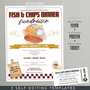 Fish and Chips Dinner Fundraiser Bundle EDITIERBARE VORLAGEN Flyer, 11x17 Poster, Ticket | PTA PTO Schulkirche Gemeinschaft Charity Fundraiser