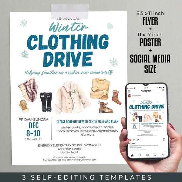 Winter Clothing Drive Editable TEMPLATES | Flyer, 11x17 Poster, Social Media Size | Donation Flyer | Edit, Download & Print Yourself...Today