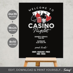 Casino Night Welcome Sign TEMPLATES | Card Game Poker Night Party | 24x36, 18x24 & 8x10 inch | Edit + Download + Print Yourself... Today!!