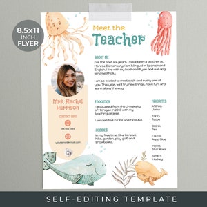 Meet the Teacher Flyer TEMPLATE | Edit in Corjl | Teacher Intro Printable | Welcome Students Back-to-School Letter | PTA PTO | Sea Creatures