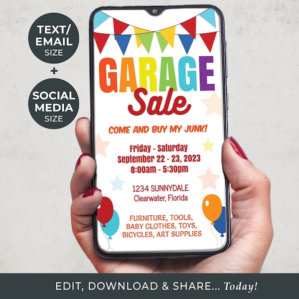 Garage Sale Electronic Invitation TEMPLATE | Editable Yard Sale File | Social Media Size & Text/Email Size | Download + Edit + Share...Today