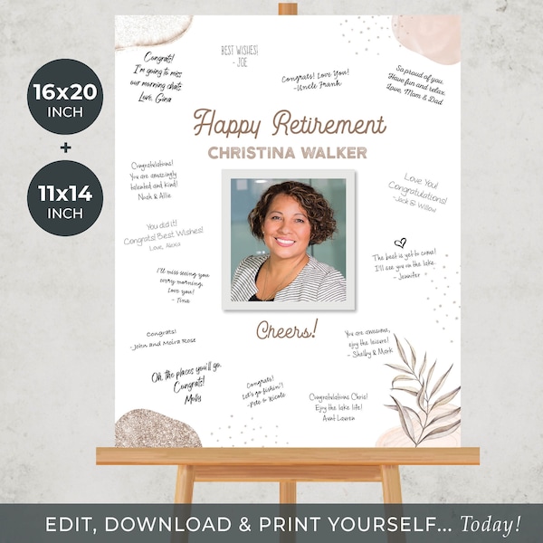 Retirement Message Board TEMPLATE Editable | Boho Dusty Pink Photo Signature Sign | Retirement Party Poster Gift | Retirement Keepsake