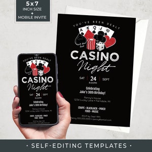 Casino Night Invitation Self-editing TEMPLATE + Mobile Invite TEMPLATE | Game Poker Night Announcement | Edit + Download + Print... Today!!!