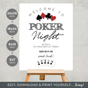 Poker Night Welcome Sign TEMPLATE | Party Sign | Casino Night | 4 Sizes 5x7, 8x10, 18x24 & 24x36 inch |  Edit + Download + Print.. Today!!!