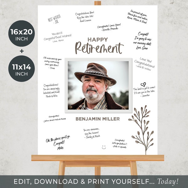 Retirement Message Board TEMPLATE Fully Editable | Minimal Photo Signature Sign | Retirement Party Poster Gift | Retirement Keepsake