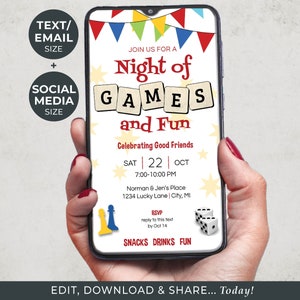 Night of Games and Fun Electronic Invitation Template | Editable Party Invite | Text & Email Invite | Edit, Download and Share... Today!