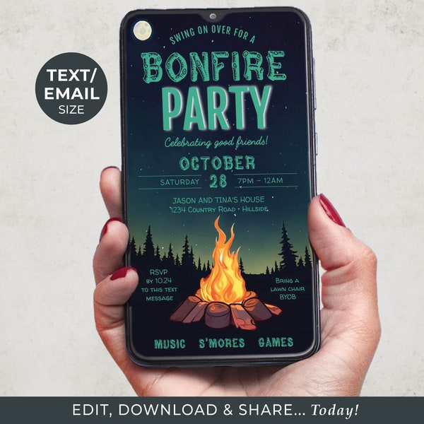 Bonfire Party Invitation TEMPLATE Editable Mobile Invite | House Party | Fall Backyard Bonfire Party | Edit + Download + Share... Today!