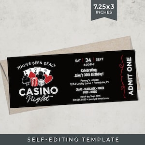 Plantilla de invitación para una noche de casino / Autoedición en formato Corjl / Entrada para una sola persona / 7,25 x 3 pulgadas / Invitación para una fiesta de casino