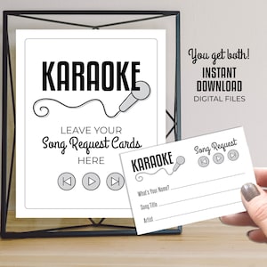 Tarjetas para solicitar canciones de karaoke + cartel para exhibir / DESCARGA INSTANTÁNEA. Solo archivos digitales no editables / Imprimible para fiestas de karaoke, canto y baile