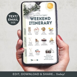 Può includere: Uno schermo di telefono digitale che mostra un itinerario di fine settimana con uno sfondo ad acquerello. L'itinerario include attività come andare in bicicletta, pizza, acquario, escursioni, gite in barca e falò. Il testo "Let the fun begin! Weekend Itinerary" è nella parte superiore dello schermo.