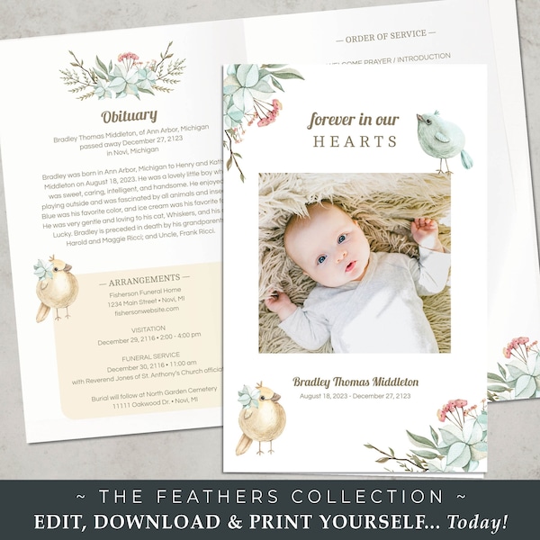 Child Baby Funeral Program TEMPLATE | Memorial Pamphlet | In Loving Memory | Edit + Download + Print.. Today! | The FEATHERS Collection