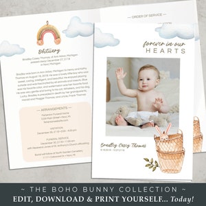 MODÈLE de programme de funérailles pour bébé | Célébration de la vie | À la douce mémoire | Modifier + Télécharger + Imprimer. Aujourd'hui ! | La collection Boho Bunny