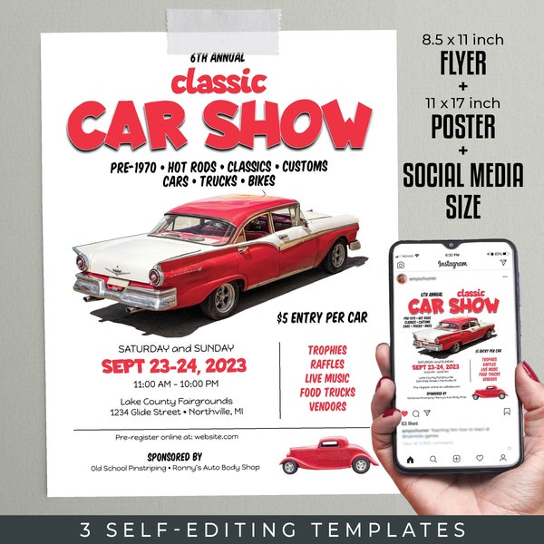 Car Show Editable TEMPLATES | 8.5x11 Flyer, 11x17 Poster, Social Media Size | Red Classic Car Show | Edit, Download & Print Yourself...Today