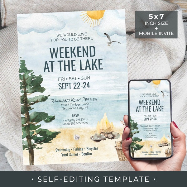 Weekend at the Lake Invitation Self-editing TEMPLATE + Mobile Invite TEMPLATE | Vacation Trip Invite | Edit + Download + Print...Today!