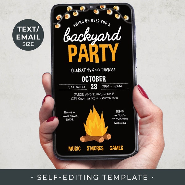 Backyard Party Invitation TEMPLATE Editable Mobile Invite | House Party | Fall Bonfire Party | Edit + Download + Share... Today!