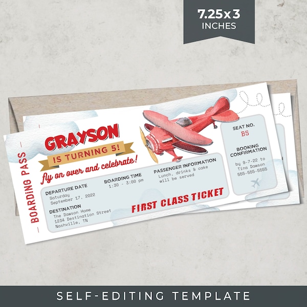 Airplane Birthday Ticket Invite TEMPLATE | Self-Editing in Corjl | Aviation Theme | 7.25x3 Inches | First Class Plane Ticket Invitation