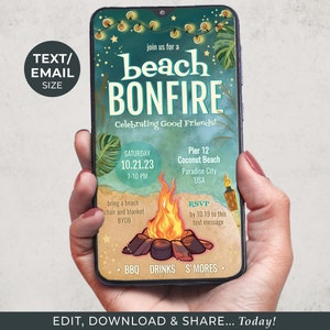 Beach Bonfire Party Einladung VORLAGE Bearbeitbares Handy Einladen | Jede Gelegenheit Tropisches Strand-Thema | Bearbeiten + Herunterladen + Teilen... Heute!