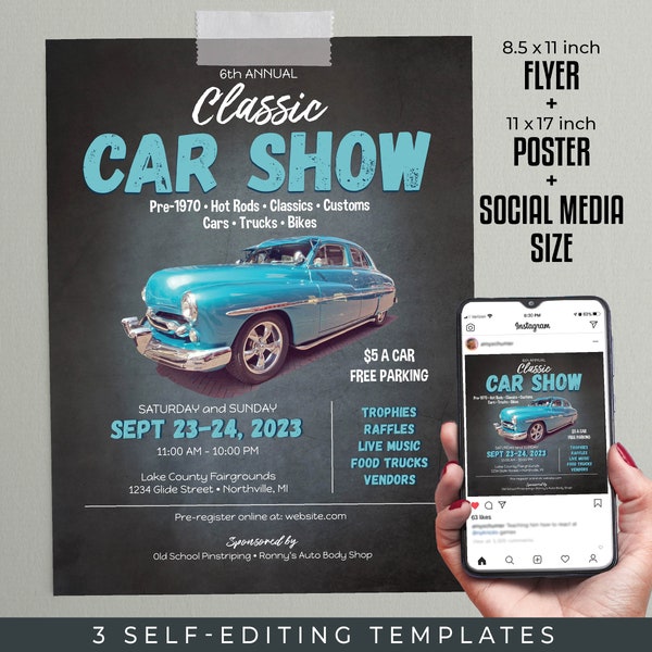 Car Show Editable TEMPLATES | 8.5x11 Flyer, 11x17 Poster, Social Media Size | DIY Classic Car Show | Edit, Download & Print Yourself...Today