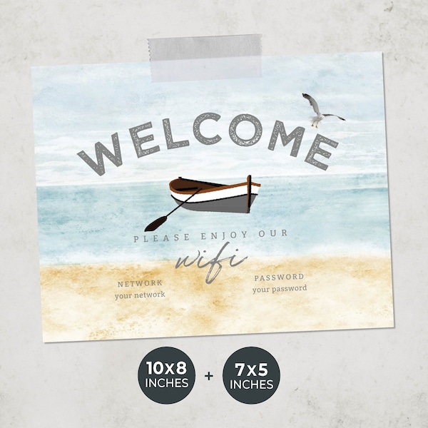 Wifi Password PRINTABLE Template | Welcome Guests Password Sign | Row Boat Seagull Design | 2 Sizes |  Edit + Download + Print...Today!