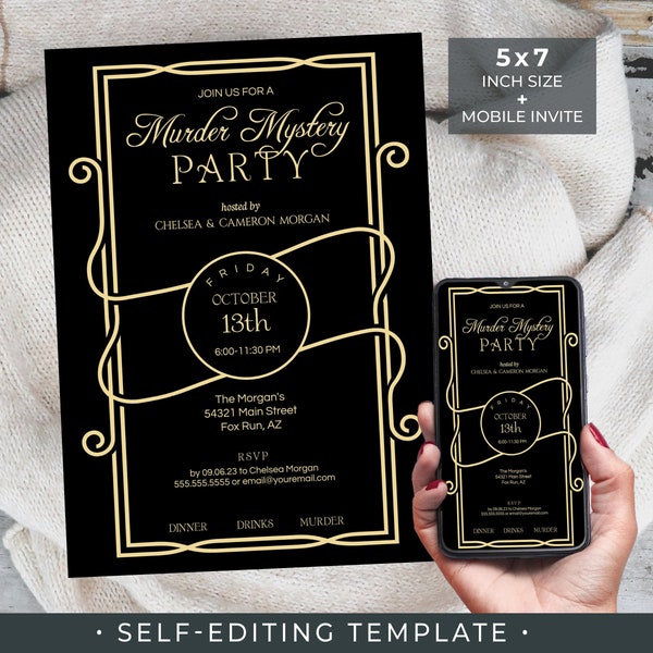 Murder Mystery Invitation Self-editing TEMPLATE + Mobile Invite TEMPLATE | Murder Dinner Party Invite | Edit + Download + Print... Today!!