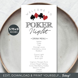 Poker Night Menü VORLAGE | Getränke- oder Speisekarte | Kasino Nacht | Poker Party Menü Selber Bearbeiten | 10 x 23 cm |  Noch heute bearbeiten + herunterladen + drucken