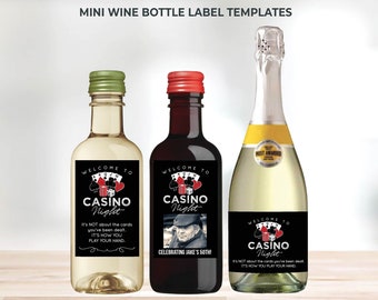 May include: Three mini wine bottles with black and red labels that say "Welcome to Casino Night". The labels have a red and white playing card design and the text "It's not about the cards you've been dealt. It's how you play your hand."