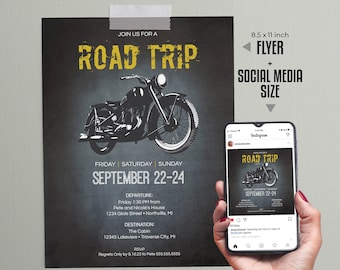 Road Trip Flyer Editable TEMPLATES | 8.5x11 Flyer + Social Media Size | Weekend Getaway Motorcycle Trip