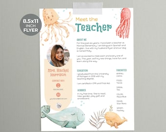 Meet the Teacher Flyer TEMPLATE | Edit in Corjl | Teacher Intro Printable | Welcome Students Back-to-School Letter | PTA PTO | Sea Creatures
